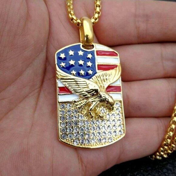 Gold American Flag Eagle Dog Tag Pendant Stainless Steel Patriotic Necklace - Picture 1 of 10